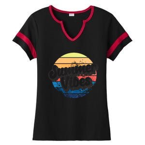 Summer Vibes Retro Distressed Fun Vacay Beach Lake Quote Gift Ladies Halftime Notch Neck Tee