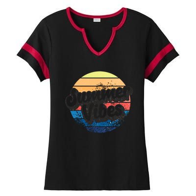 Summer Vibes Retro Distressed Fun Vacay Beach Lake Quote Gift Ladies Halftime Notch Neck Tee