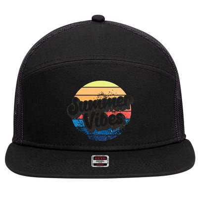 Summer Vibes Retro Distressed Fun Vacay Beach Lake Quote Gift 7 Panel Mesh Trucker Snapback Hat