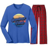 Summer Vibes Retro Distressed Fun Vacay Beach Lake Quote Gift Women's Long Sleeve Flannel Pajama Set 