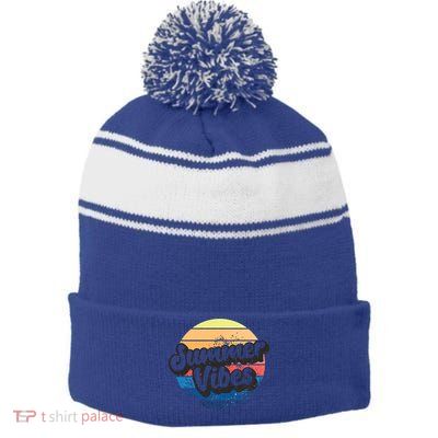 Summer Vibes Retro Distressed Fun Vacay Beach Lake Quote Gift Stripe Pom Pom Beanie