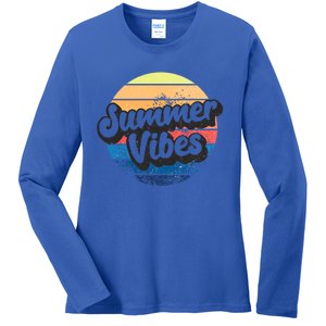 Summer Vibes Retro Distressed Fun Vacay Beach Lake Quote Gift Ladies Long Sleeve Shirt