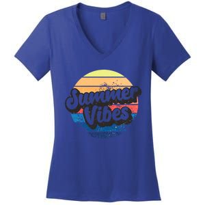 Summer Vibes Retro Distressed Fun Vacay Beach Lake Quote Gift Women's V-Neck T-Shirt