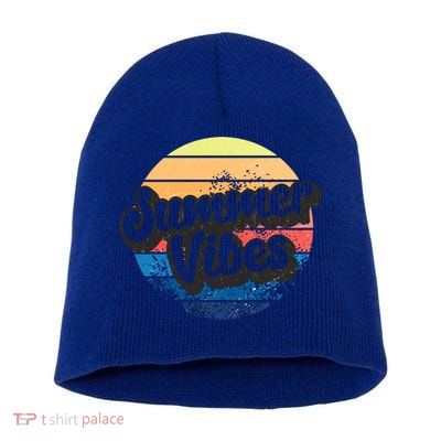 Summer Vibes Retro Distressed Fun Vacay Beach Lake Quote Gift Short Acrylic Beanie