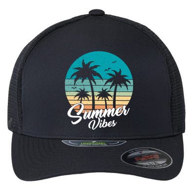 Summer Vibes Retro Sunset Vintage Palm Tree Flexfit Unipanel Trucker Cap