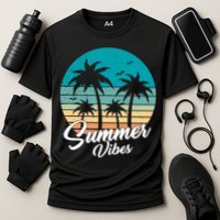 Summer Vibes Retro Sunset Vintage Palm Tree Cooling Performance Crew T-Shirt