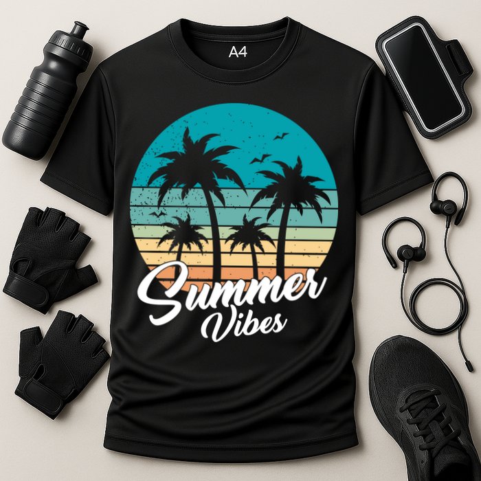 Summer Vibes Retro Sunset Vintage Palm Tree Cooling Performance Crew T-Shirt