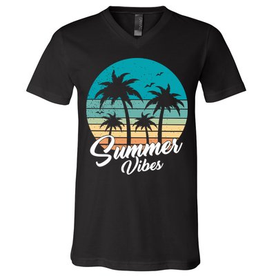 Summer Vibes Retro Sunset Vintage Palm Tree V-Neck T-Shirt