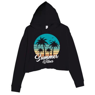 Summer Vibes Retro Sunset Vintage Palm Tree Crop Fleece Hoodie