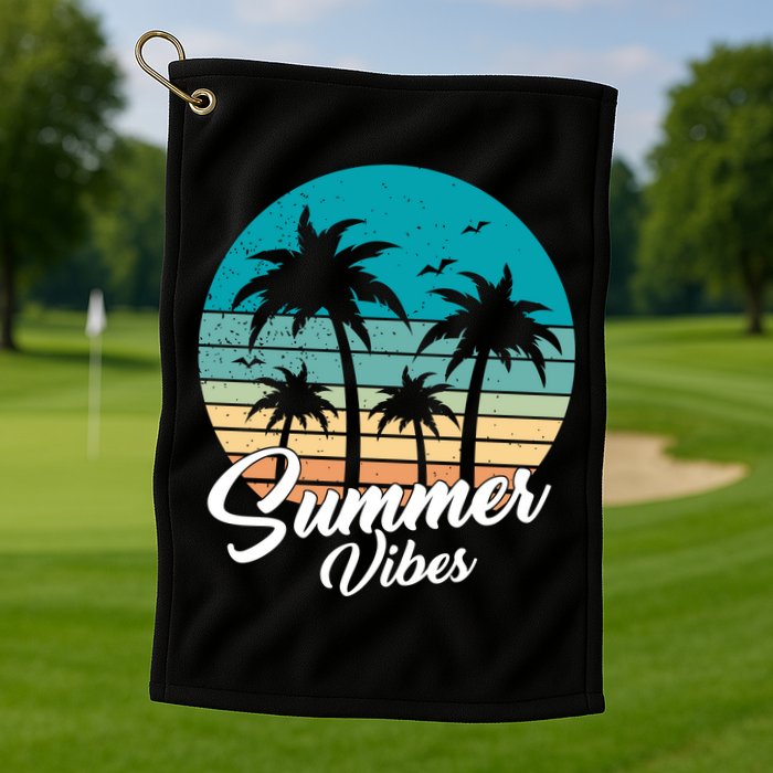 Summer Vibes Retro Sunset Vintage Palm Tree Golf Towel