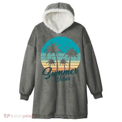 Summer Vibes Retro Sunset Vintage Palm Tree Hooded Wearable Blanket