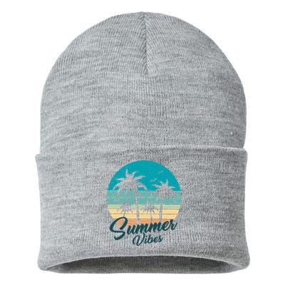 Summer Vibes Retro Sunset Vintage Palm Tree Sustainable Knit Beanie