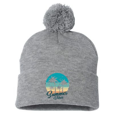 Summer Vibes Retro Sunset Vintage Palm Tree Pom Pom 12in Knit Beanie