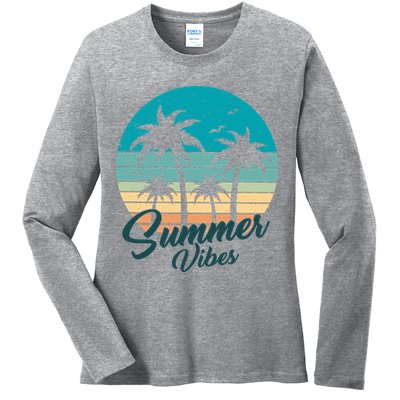 Summer Vibes Retro Sunset Vintage Palm Tree Ladies Long Sleeve Shirt