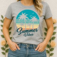 Summer Vibes Retro Sunset Vintage Palm Tree Womens T-Shirt