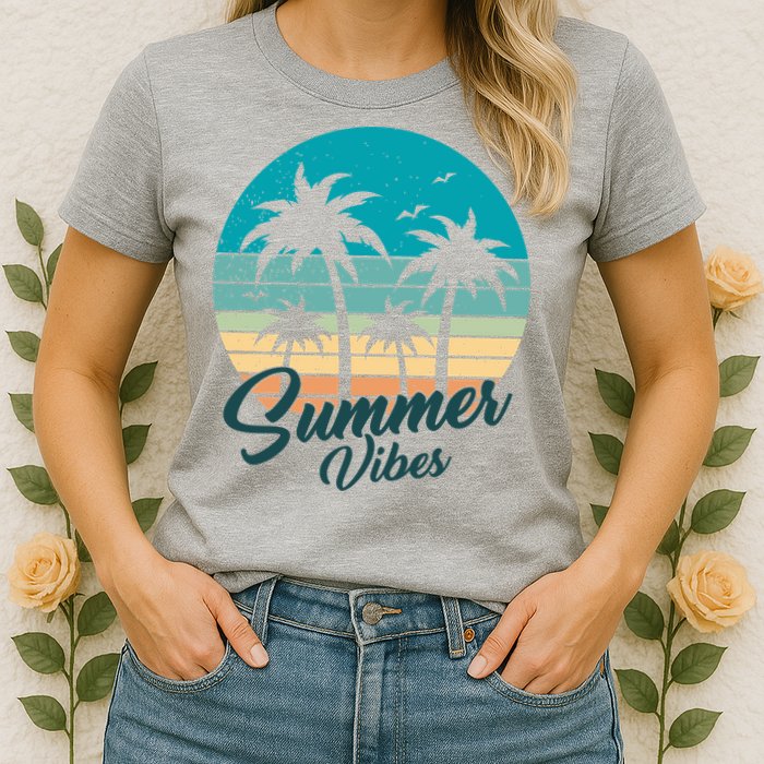 Summer Vibes Retro Sunset Vintage Palm Tree Womens T-Shirt