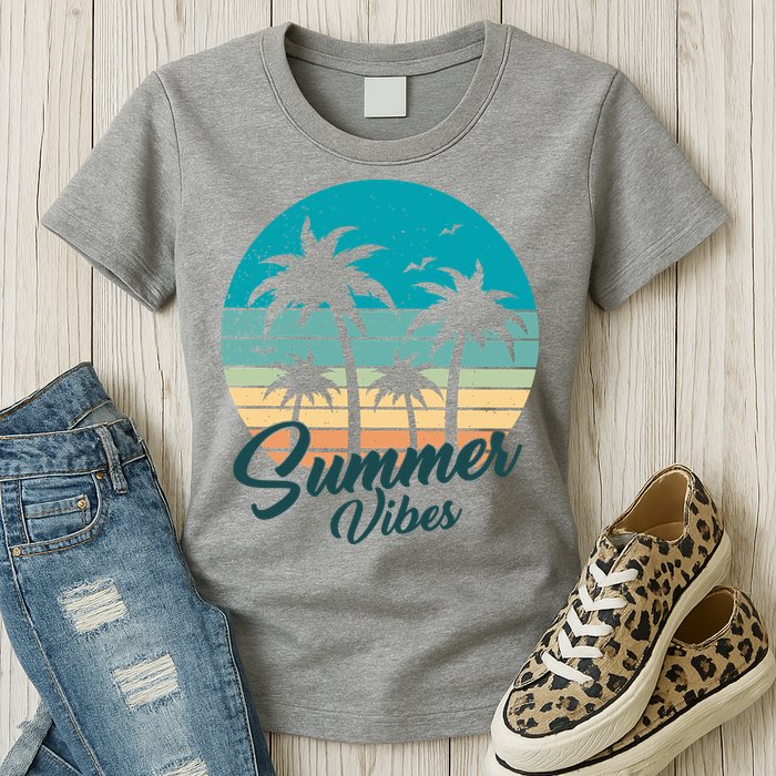 Summer Vibes Retro Sunset Vintage Palm Tree Womens T-Shirt