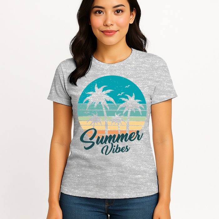Summer Vibes Retro Sunset Vintage Palm Tree Womens T-Shirt