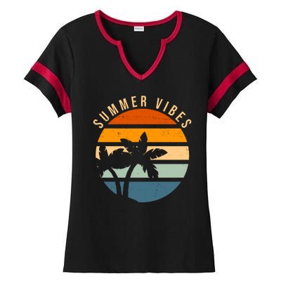 Summer Vibes Retro Sunset Tropical Ladies Halftime Notch Neck Tee