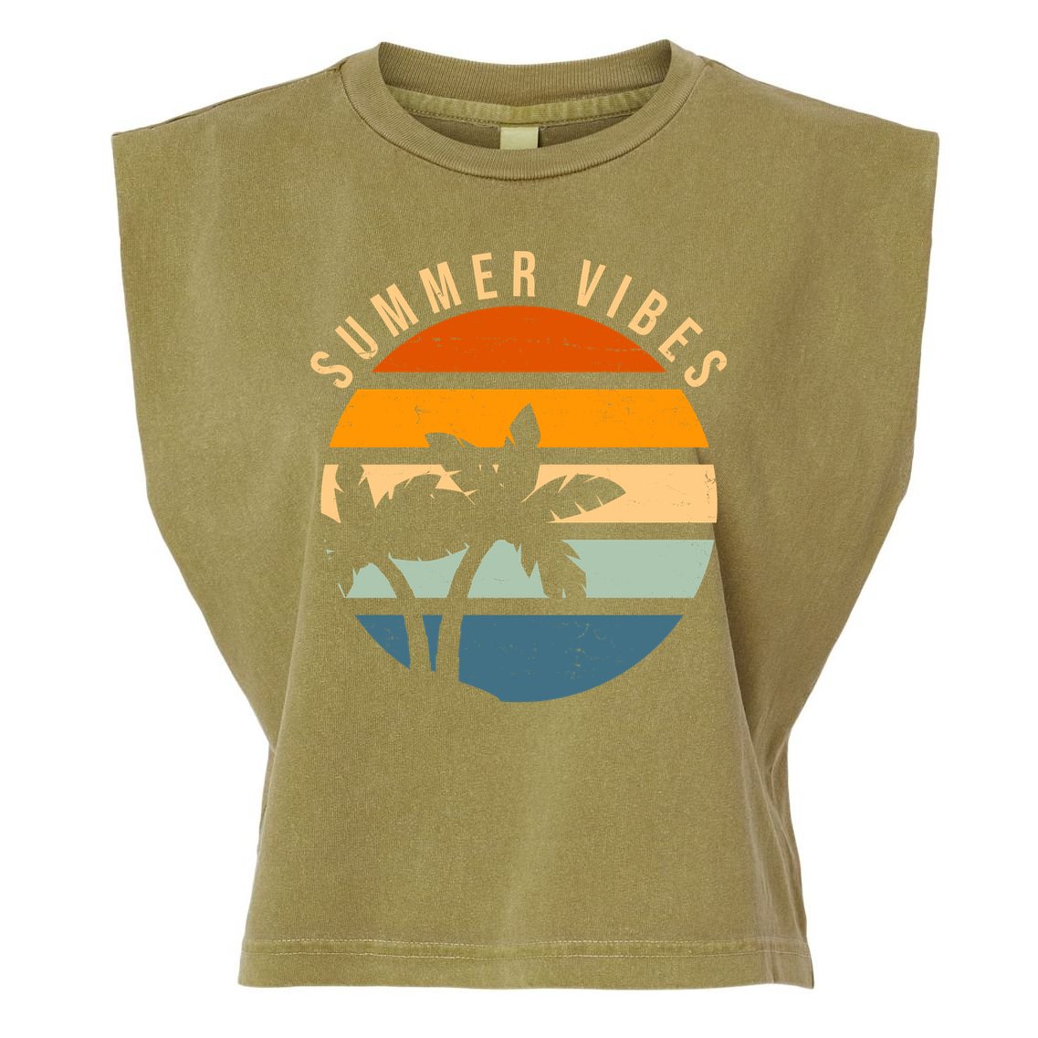 Summer Vibes Retro Sunset Tropical Garment-Dyed Women's Muscle Tee