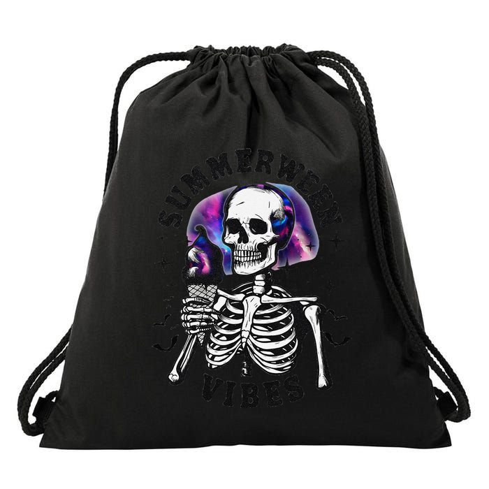 Summerween Vibes Skeleton Ice Cream Summer Halloween Party Drawstring Bag