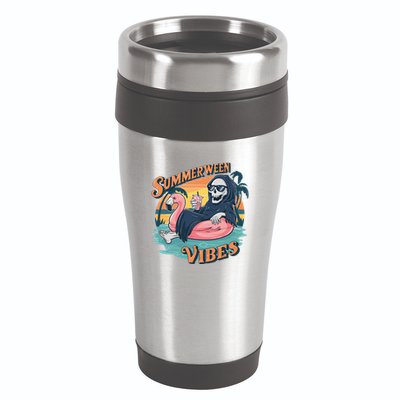 Summerween Vibes Skeleton Flamingo Float Summer Halloween 16oz Travel Tumbler