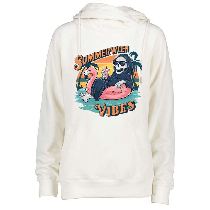 Summerween Vibes Skeleton Flamingo Float Summer Halloween Womens Funnel Neck Pullover Hood