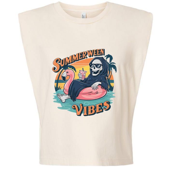 Summerween Vibes Skeleton Flamingo Float Summer Halloween Garment-Dyed Women's Muscle Tee