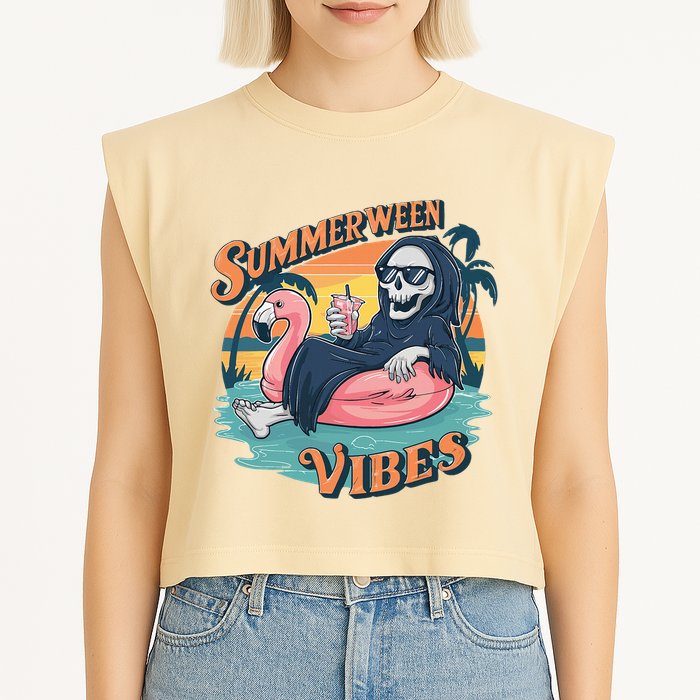 Summerween Vibes Skeleton Flamingo Float Summer Halloween Garment-Dyed Women's Muscle Tee