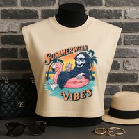 Summerween Vibes Skeleton Flamingo Float Summer Halloween Garment-Dyed Women's Muscle Tee