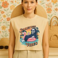 Summerween Vibes Skeleton Flamingo Float Summer Halloween Garment-Dyed Women's Muscle Tee