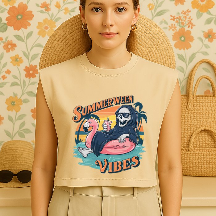 Summerween Vibes Skeleton Flamingo Float Summer Halloween Garment-Dyed Women's Muscle Tee