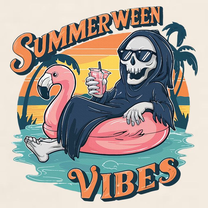 Summerween Vibes Skeleton Flamingo Float Summer Halloween Garment-Dyed Women's Muscle Tee