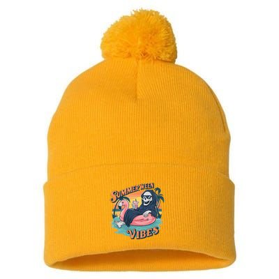 Summerween Vibes Skeleton Flamingo Float Summer Halloween Pom Pom 12in Knit Beanie