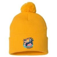 Summerween Vibes Skeleton Flamingo Float Summer Halloween Pom Pom 12in Knit Beanie
