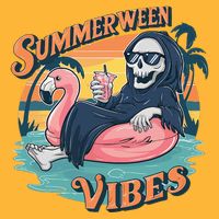 Summerween Vibes Skeleton Flamingo Float Summer Halloween Pom Pom 12in Knit Beanie