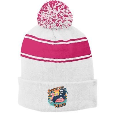Summerween Vibes Skeleton Flamingo Float Summer Halloween Stripe Pom Pom Beanie