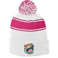Summerween Vibes Skeleton Flamingo Float Summer Halloween Stripe Pom Pom Beanie