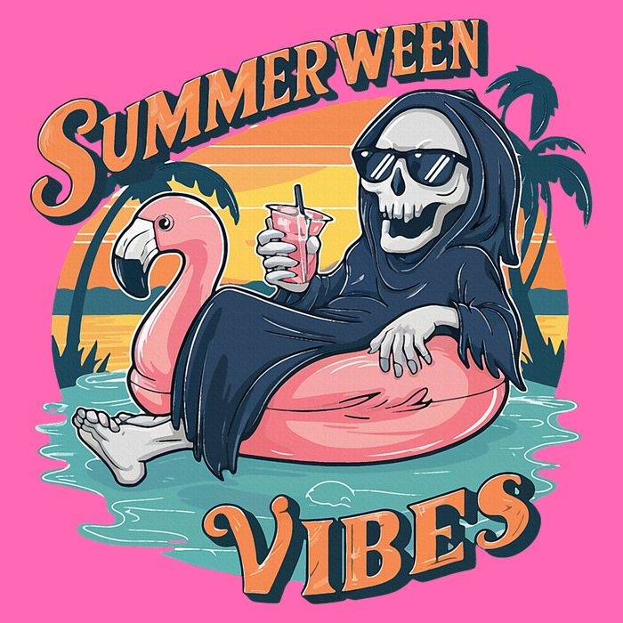 Summerween Vibes Skeleton Flamingo Float Summer Halloween Stripe Pom Pom Beanie