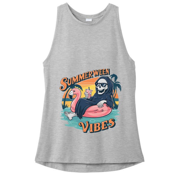 Summerween Vibes Skeleton Flamingo Float Summer Halloween Ladies PosiCharge Tri-Blend Wicking Tank