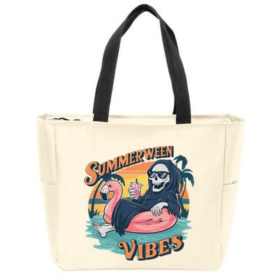Summerween Vibes Skeleton Flamingo Float Summer Halloween Zip Tote Bag