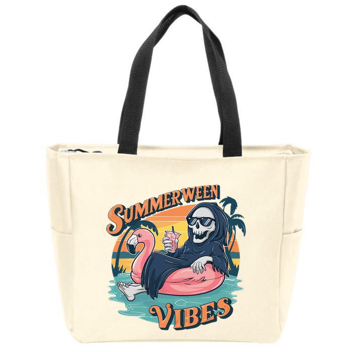 Summerween Vibes Skeleton Flamingo Float Summer Halloween Zip Tote Bag