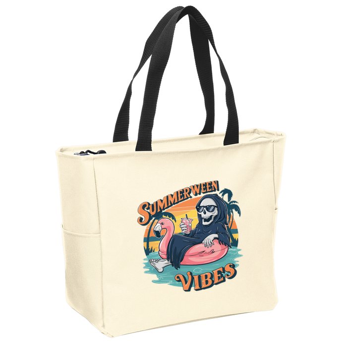 Summerween Vibes Skeleton Flamingo Float Summer Halloween Zip Tote Bag