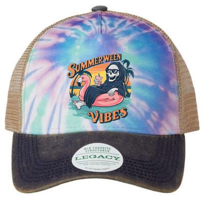 Summerween Vibes Skeleton Flamingo Float Summer Halloween Legacy Tie Dye Trucker Hat