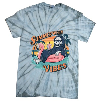 Summerween Vibes Skeleton Flamingo Float Summer Halloween Tie-Dye T-Shirt