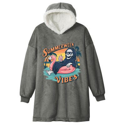 Summerween Vibes Skeleton Flamingo Float Summer Halloween Hooded Wearable Blanket