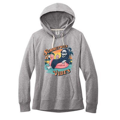 Summerween Vibes Skeleton Flamingo Float Summer Halloween Women's Fleece Hoodie
