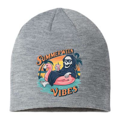 Summerween Vibes Skeleton Flamingo Float Summer Halloween Sustainable Beanie