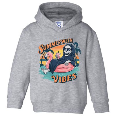 Summerween Vibes Skeleton Flamingo Float Summer Halloween Toddler Hoodie