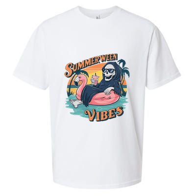 Summerween Vibes Skeleton Flamingo Float Summer Halloween Sueded Cloud Jersey T-Shirt